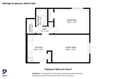 Floor plan for 1 bed, 1 bath, 887 sqft